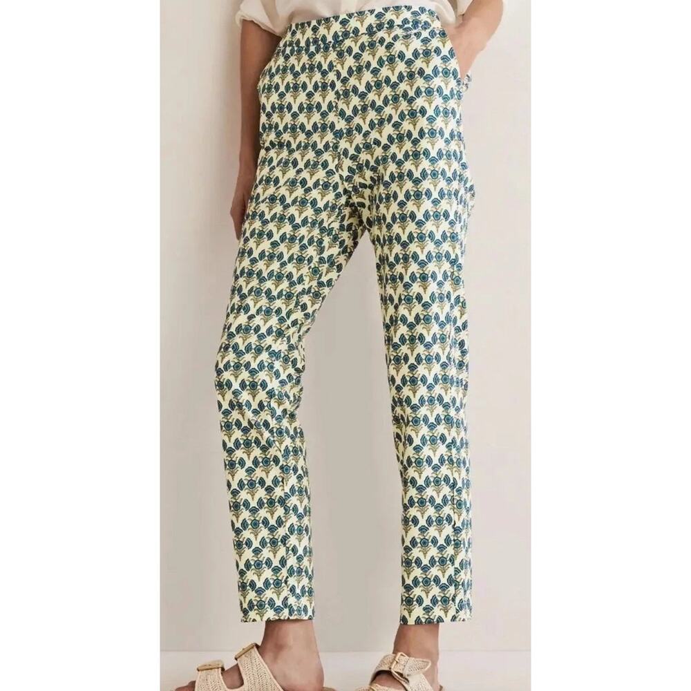 Boden Floral Print Pants Pull On Tapered Trousers Ivory Blue Womens Size 16 / 18